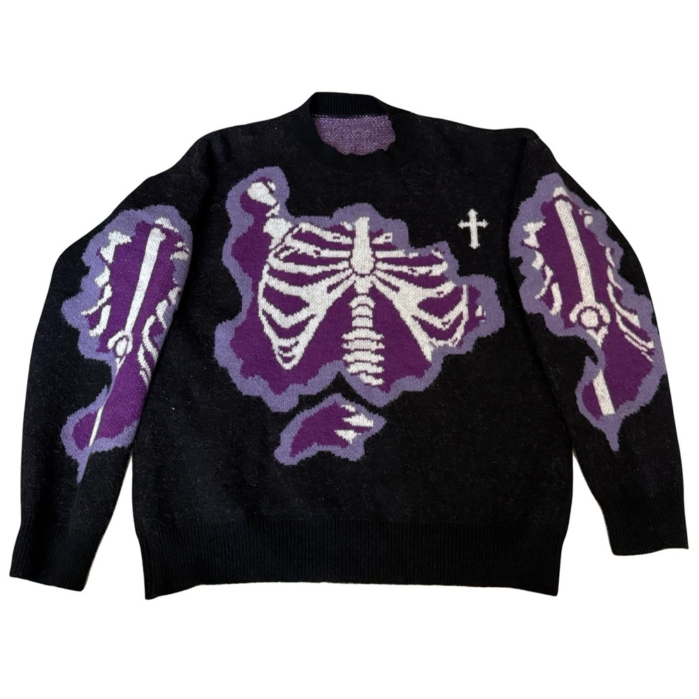 ROMWE Skeleton Crewneck Sweater Black and Purple Halloween